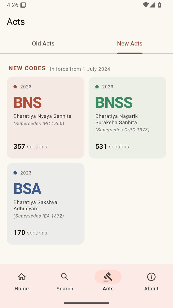 The Acts tab with Old Acts and New Acts sub-tabs, showing each code with its year and section count.