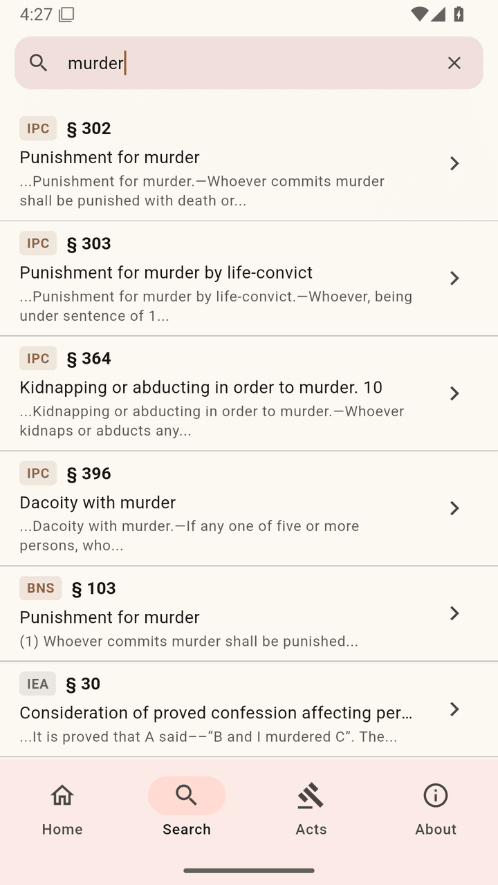 Search results for the word murder, listing matching IPC, BNS and Evidence Act sections with short excerpts.